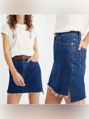 Madewell 27 Retro Dark Wash Frayed Raw Step Hem High Waisted Denim Mini Skirt